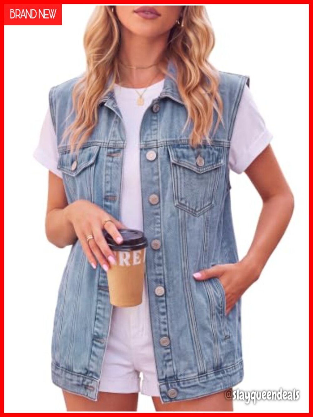 Oversized Denim Vest Sleeveless Button Down Jean Vest with Pockets